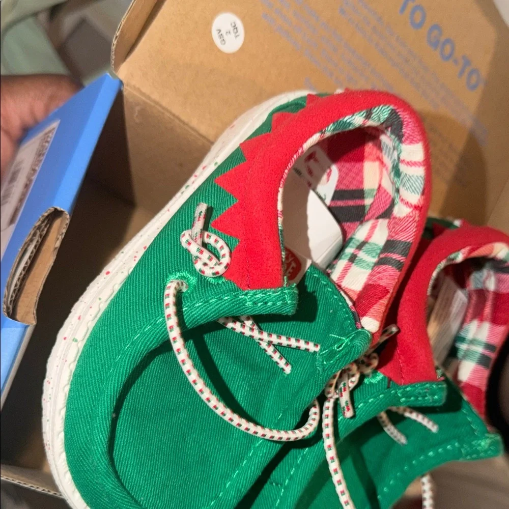 Hey Dude Green Canvas Sneakers with Red Accents